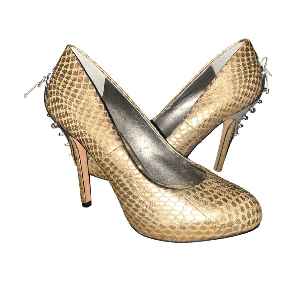 Sam Edelman Evan Snakeskin Gold Spike Heels Size 6 - Picture 2 of 15